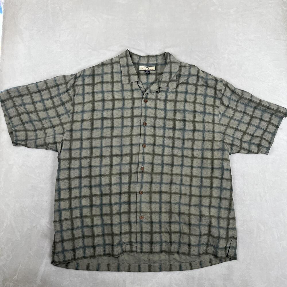 Tommy Bahama Shirt Mens 2XL Green Check Silk Short Sleeve Button Front